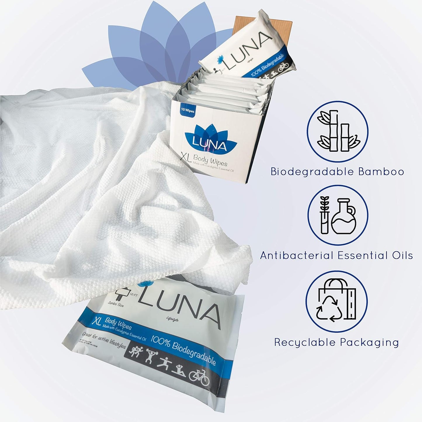 XL Wet Wipe Cleansing Body Wipes All Natural - 3 Pack Individual Pouches - Gentle & Unscented - No Rinse Bathing and Shower Wipe - Great for After Workout, Camping, Travel, Yoga, Gym