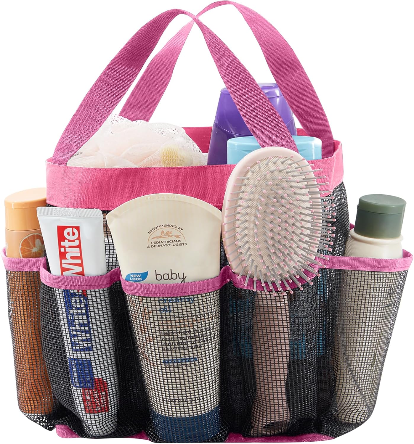 Lifewit Mesh Shower Caddy Freestanding Portable Shower Tote Bag for College Dorm, Bathroom, Gym, Travel, Quick Dry Hanging Shower Organizer with 7 Storage Pockets for Toiletry Essentials, Pink