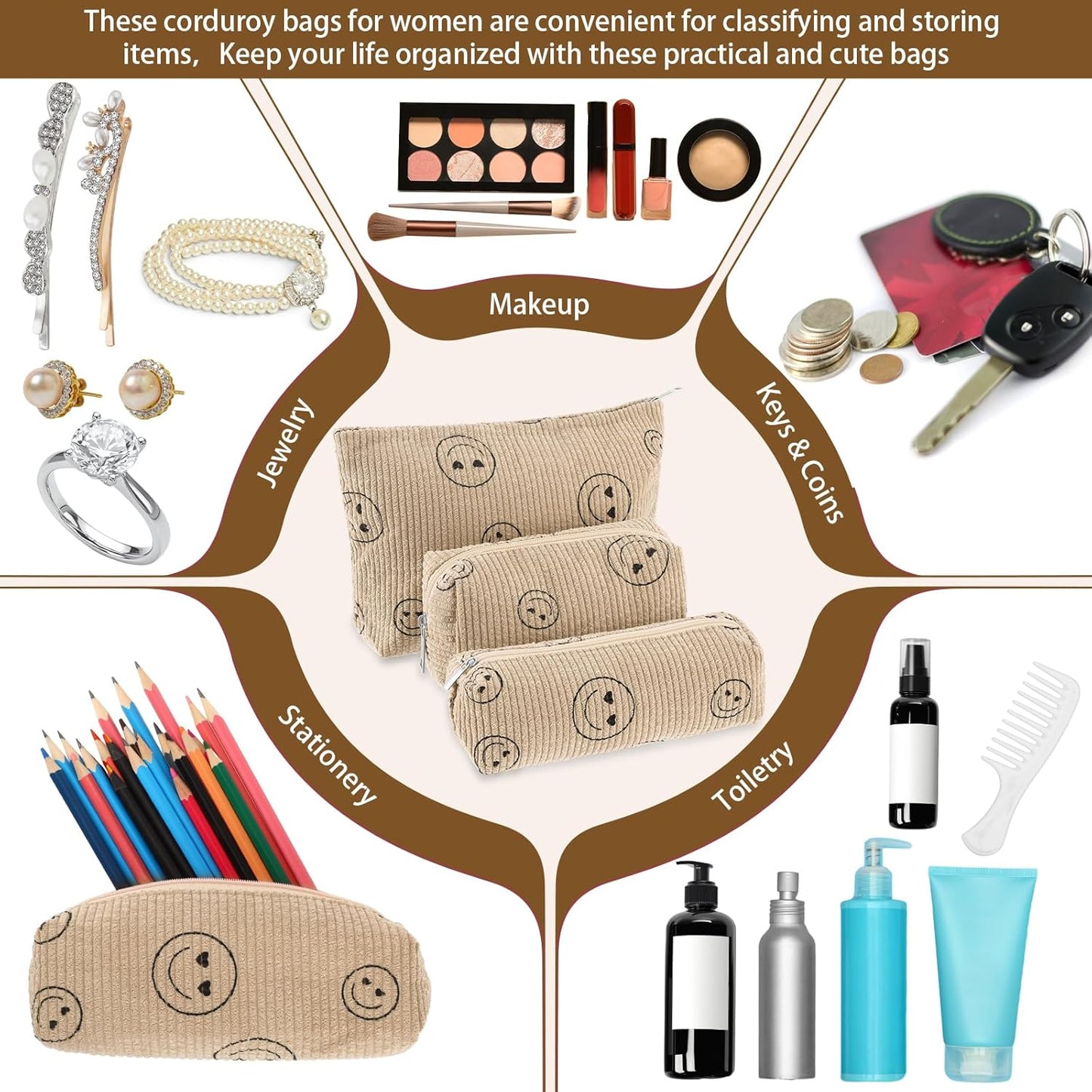3 Pcs Makeup Bag Set for Women Corduroy Cosmetic Pouch Aesthetic Smile Travel Toiletry Bag Cute Purse Pouch Pencil Case Makeup Brushes Storage Organizer for Christmas(Khaki,Smile Face)