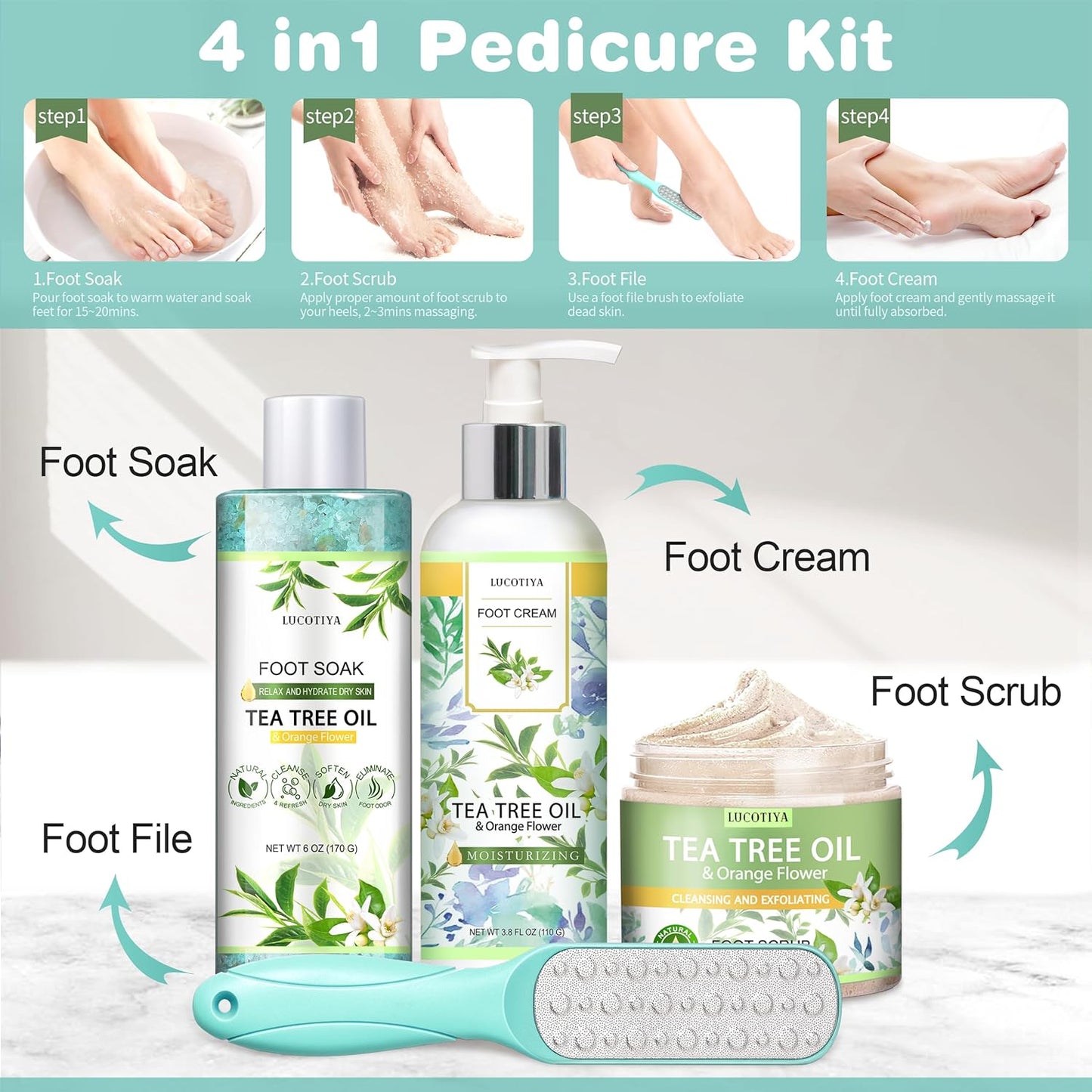 LUCOTIYA Tea Tree & Orange Flower Foot Soak Set - Salts, Foot File, Scrub & Urea Cream Pedicure Supplies for Dry, Cracked Feet - Foot Spa Pedicure Kit for Women Men