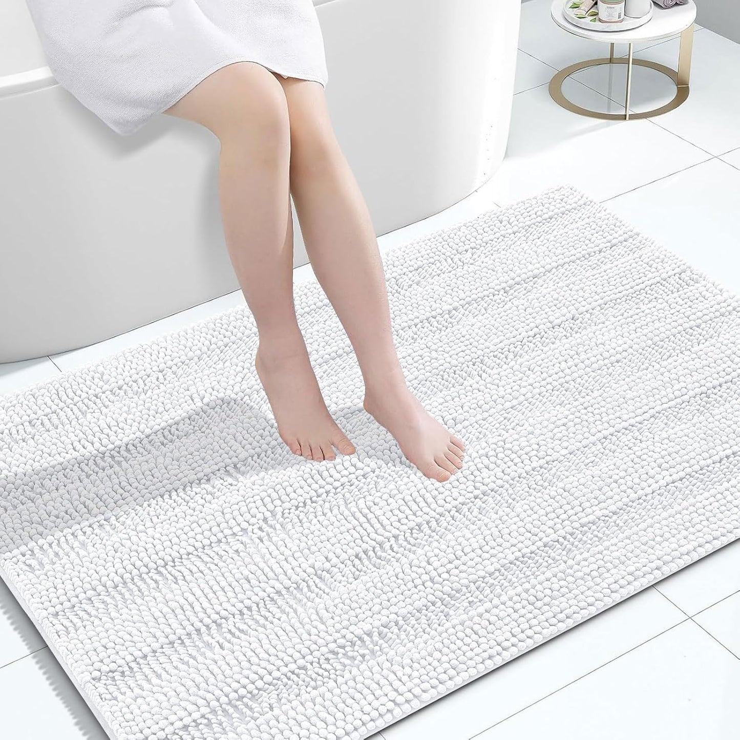 Grandaily Chenille Striped Bathroom Rugs 47x32, Extra Thick and Absorbent Bath Mats, Non-Slip Soft Plush Shaggy Shower Carpet, Machine Wash Dry, Bath Rug for Bathroom, White