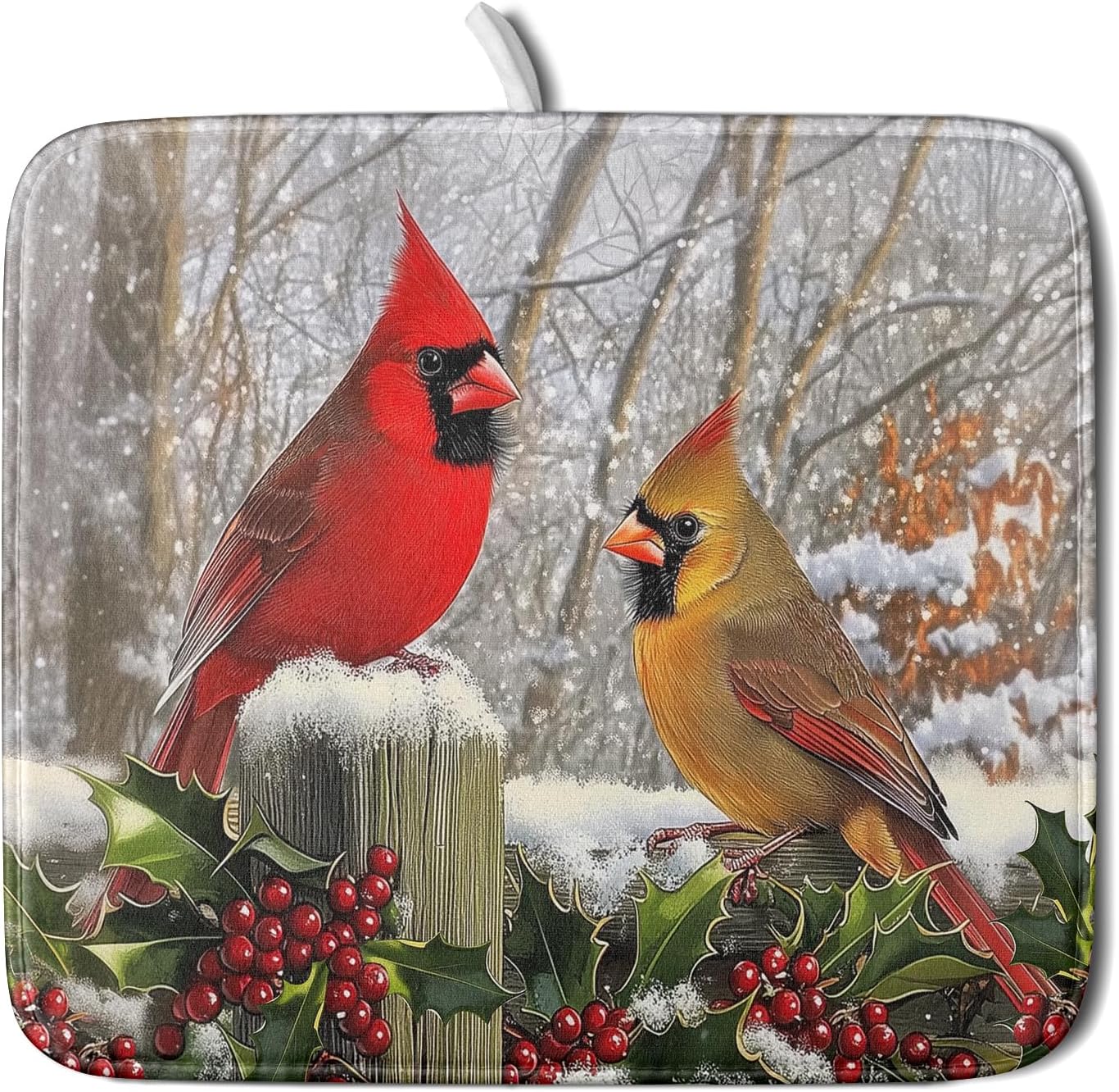 Winter Birds Dish Drying Mat Red Berry Dish Drainer Rack Mat Microfiber Absorbent Dish Drying Pad for Kitchen Counter Coffee Bar 16x18 Inch