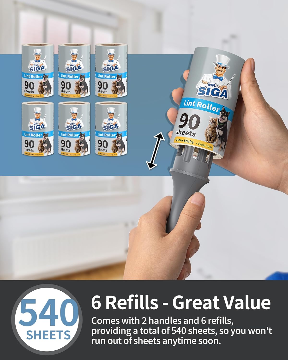 MR.SIGA Lint Rollers for Pet Hair Extra Sticky, 540 Sheets, Lint Remover for Clothing, Furniture, Pet Hair Remover with Easy Tear Sheets