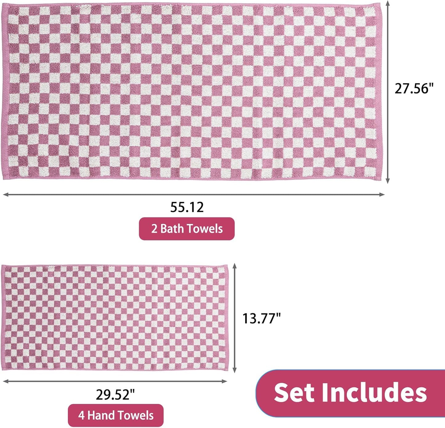 Checkered Bath Towels Set of 6 Large, 520GSM, 100% Cotton Shower Towels * 2 (55.12"*27.56"), Hand Towels * 4 (29.52"*13.77"),Towels for Bathroom、Pool、Hotel, Spa, Soft Absorbent（Pink