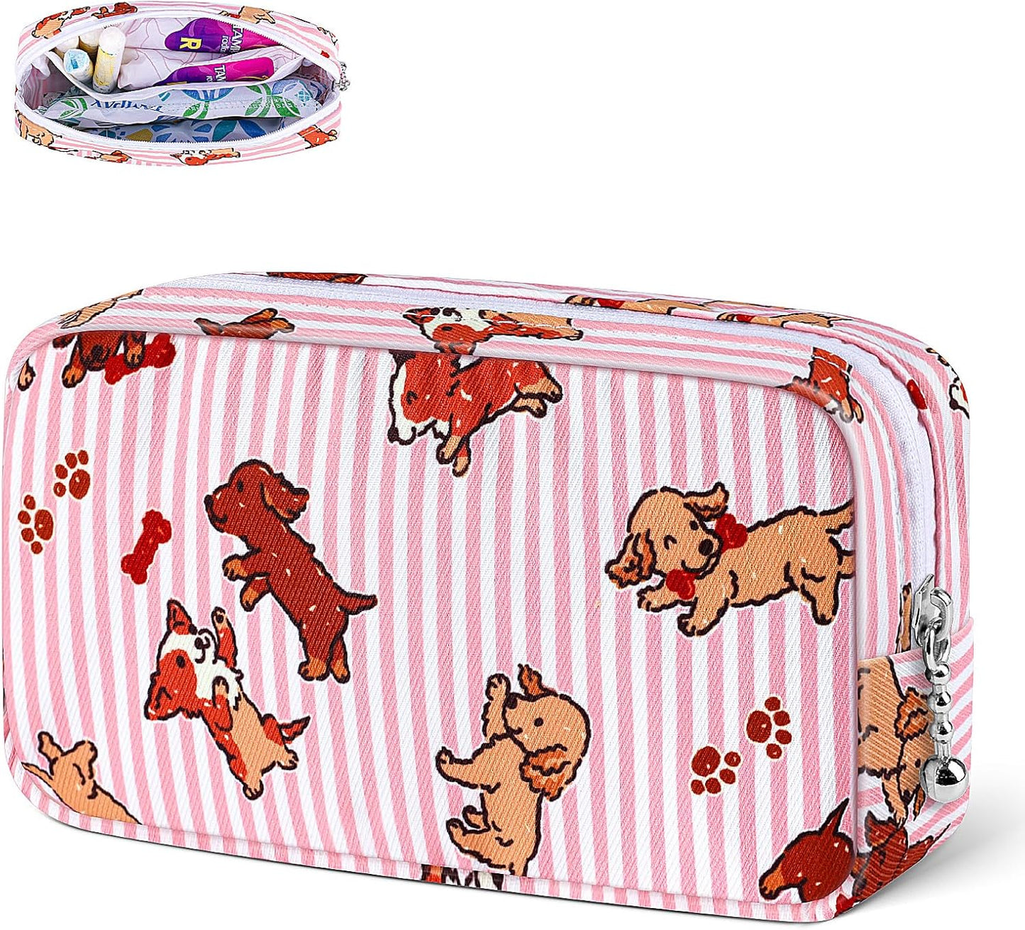 Desing Wish Period Bag for Teen Girls, Lightweight Sanitary Napkin Storage Bag Tampon Holder for Purse Menstrual Pad Pouches First Period Gift (Pink Striped Dog)