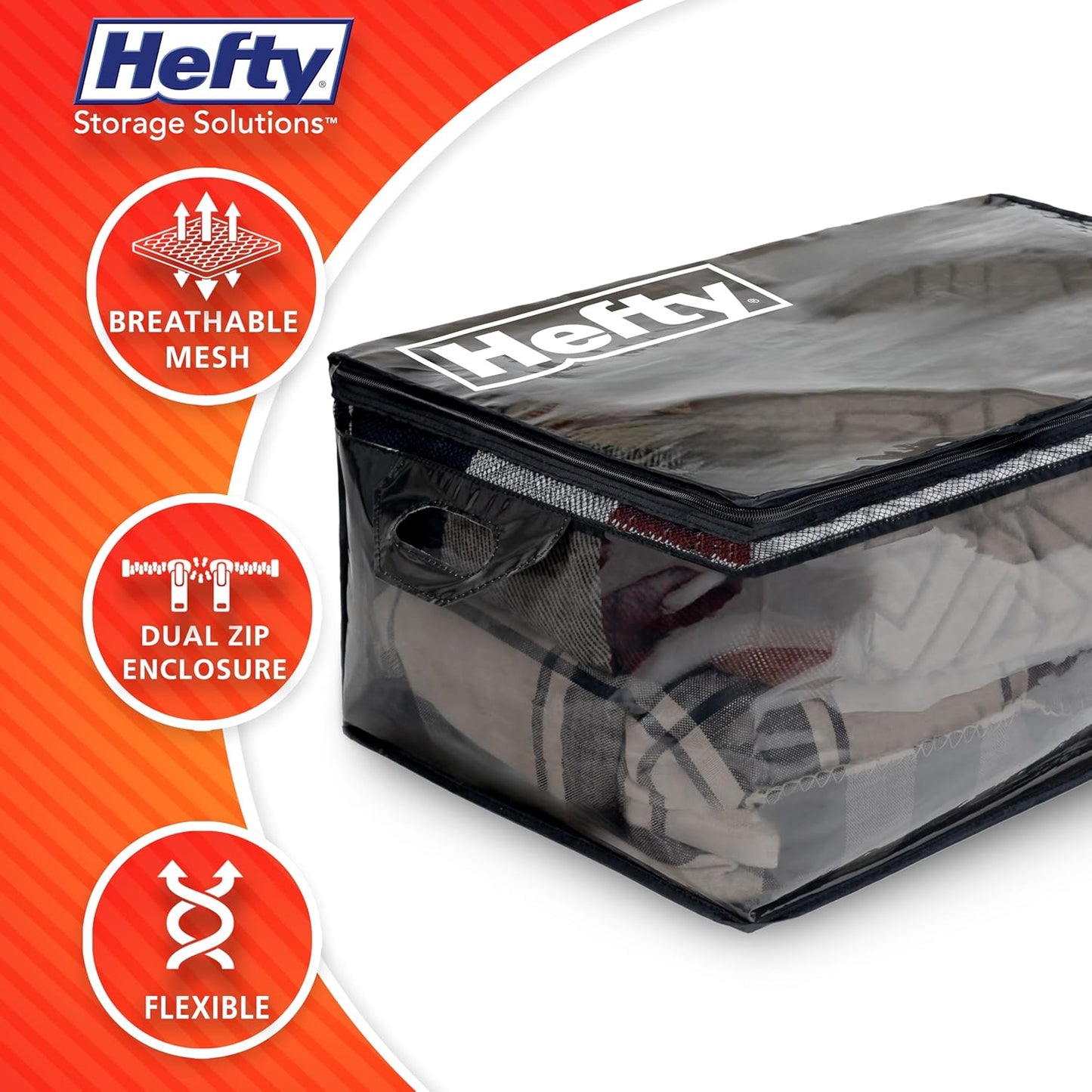 Hefty Storage Bags Extra Large Double Zipper Backpack, Heavy Duty Water Resistant Moving Totes with Shoulder Straps, Foldable Reusable Packing Organizers, 2 Pack (X-Large Black)