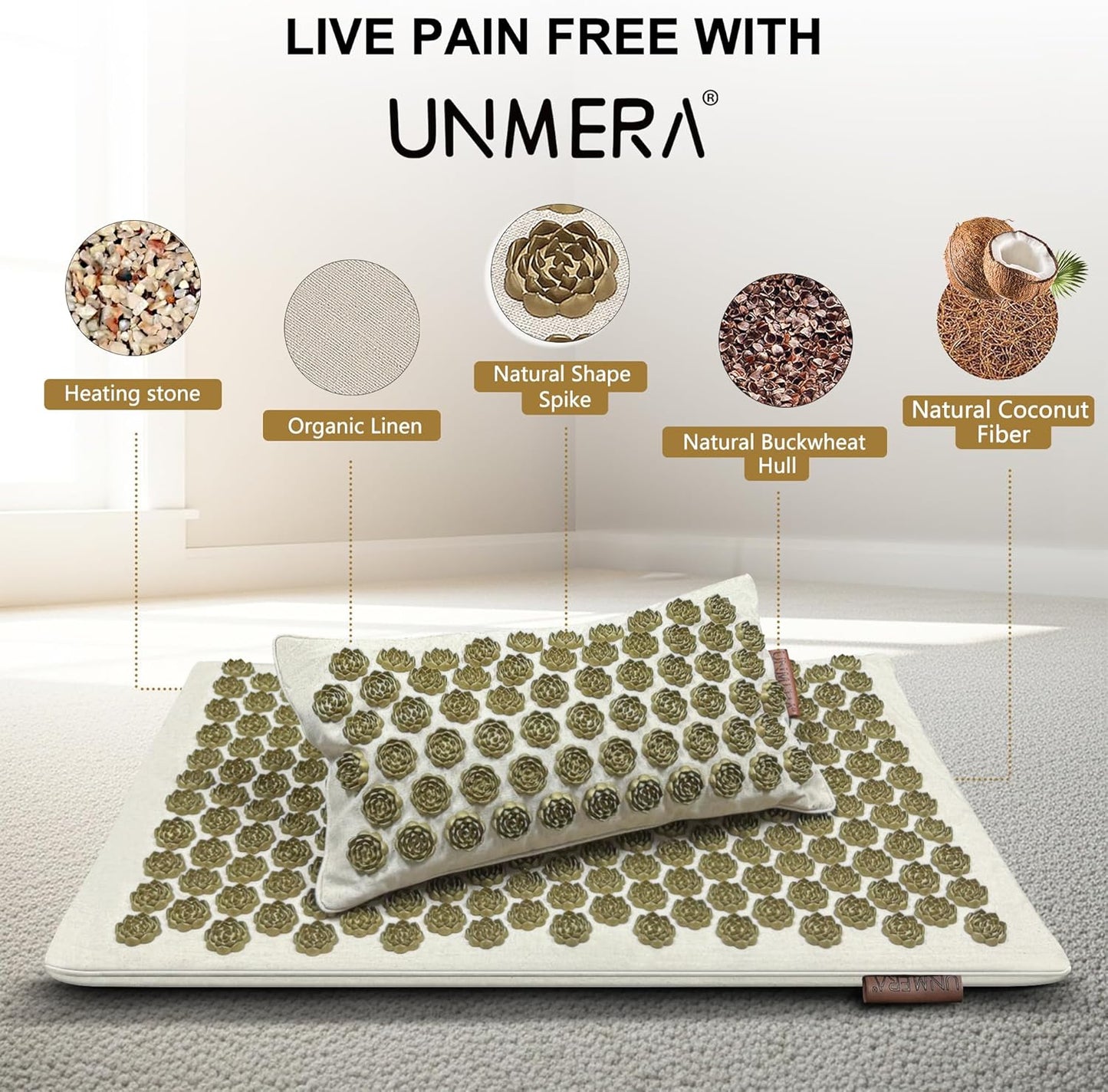 UNMERA Acupressure Mat and Pillow Set/Flower Spikes-Volcanic Stone Heating Back/Neck Pain Relief,Spa-Like Relaxation, Eco Linen, Includes Bag