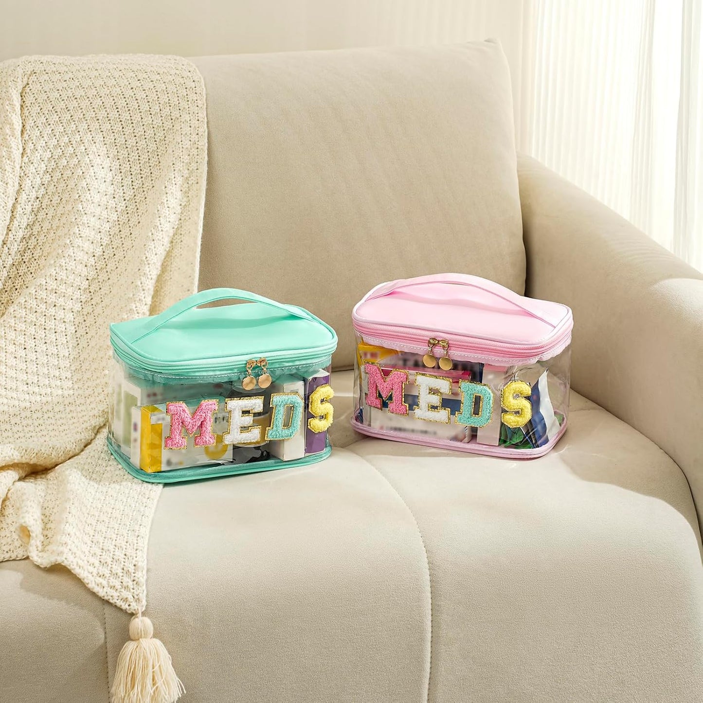 Personalized Chenille Letter Clear Medicine Makeup Bag, Large Waterproof Nylon Cosmetic Toiletry Storage bag with Top Handle, Transparent Meds First Aid Travel Organizer Cosmetic Bag(12Green-Meds)