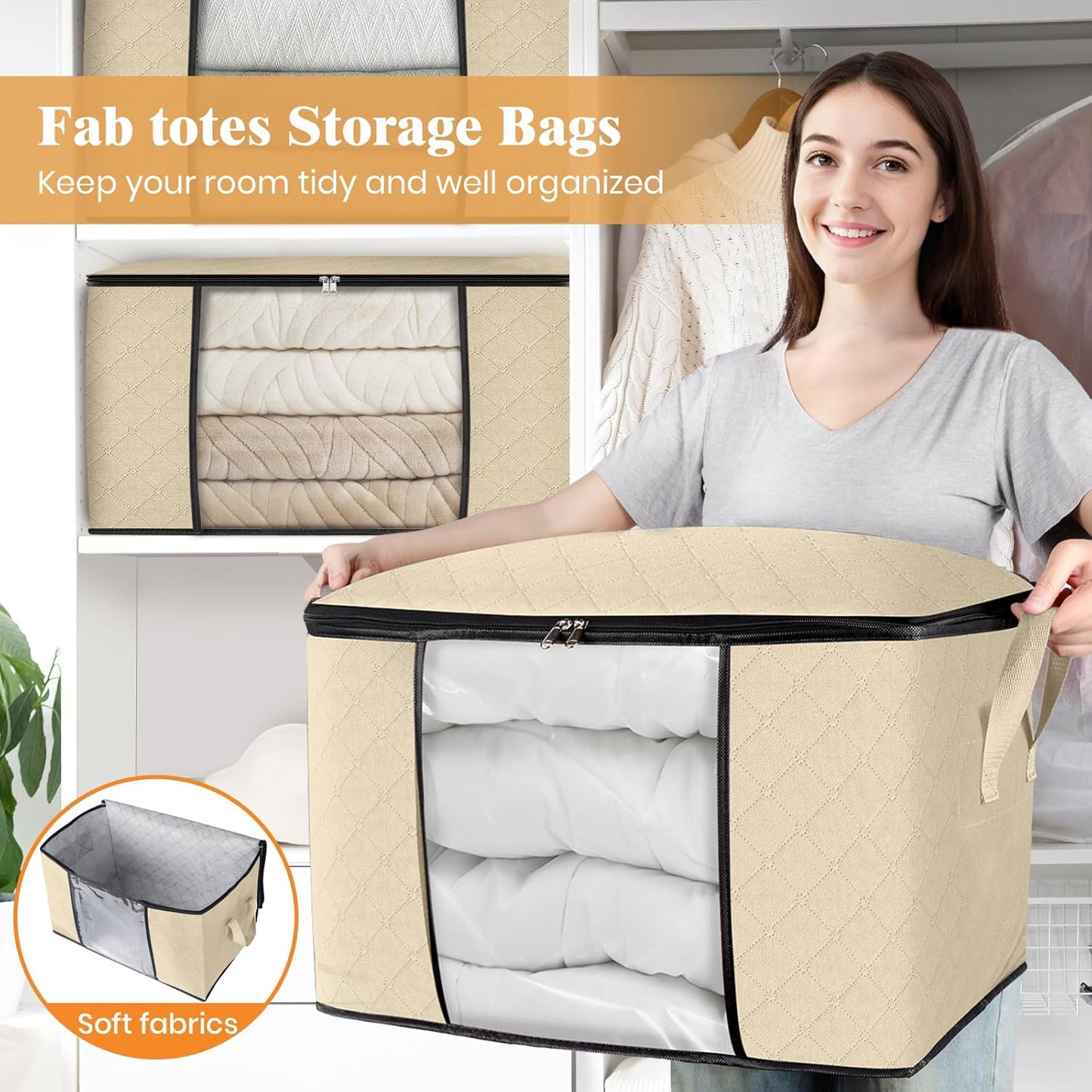 Fab totes 24 Gallons Clothes Storage, Foldable Thick Fabric Blanket Storage Bags, Containers for Organizing Bedroom, Closet, Clothing, Comforter, Organization with Handle (10 Pack,Beige)
