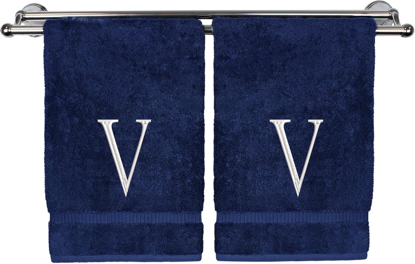 Monogrammed Hand Towel, Personalized Initial Gift, Extra Absorbent 100% Turkish Cotton - Soft Terry Finish - Set of 2 - White Block Initial V - Embroidered on Navy Blue Towels