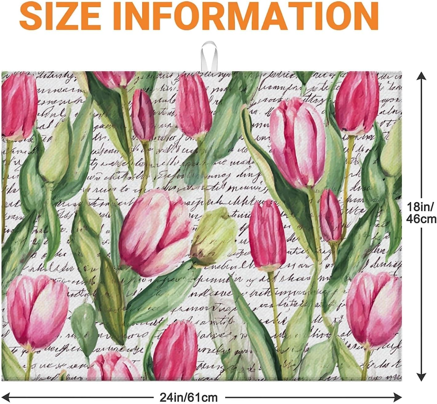 Dish Drying Mat For Kitchen Counter, Pink Tulip Flowers Text Microfiber Absorbent Dish Drainer Rack Pad Reusable Large 18x24in Drying Mat