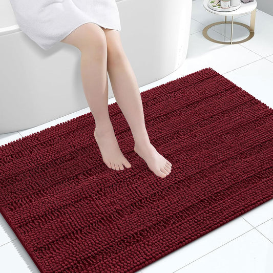 Grandaily Chenille Striped Bathroom Rugs 47x32, Extra Thick and Absorbent Bath Mats, Non-Slip Soft Plush Shaggy Shower Carpet, Machine Wash Dry, Bath Rug for Bathroom, Burgundy