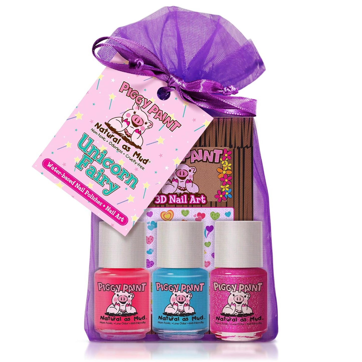 Piggy Paint | 100% Non-Toxic Girls Nail Polish | Safe, Cruelty-free, Vegan, & Low Odor for Kids | Unicorn Fairy (3 Polish + Nail Art Gift Set)