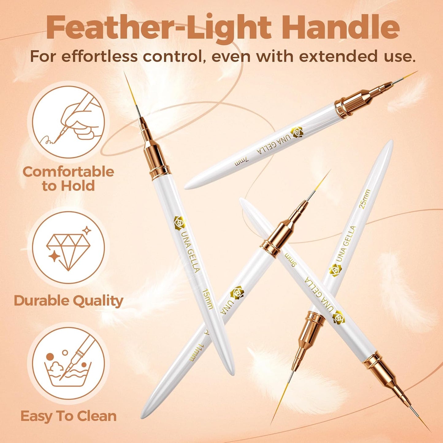 UNA GELLA Nail Art Brushes Metallic, Liner Pens Set For Nail Art Gel Polish, 5Pcs White Color, Detail Nail Art Design Painting Brush Set For Nails Gel Fine Drawing Nail Tools, Sizes 7/9/11/15/25mm