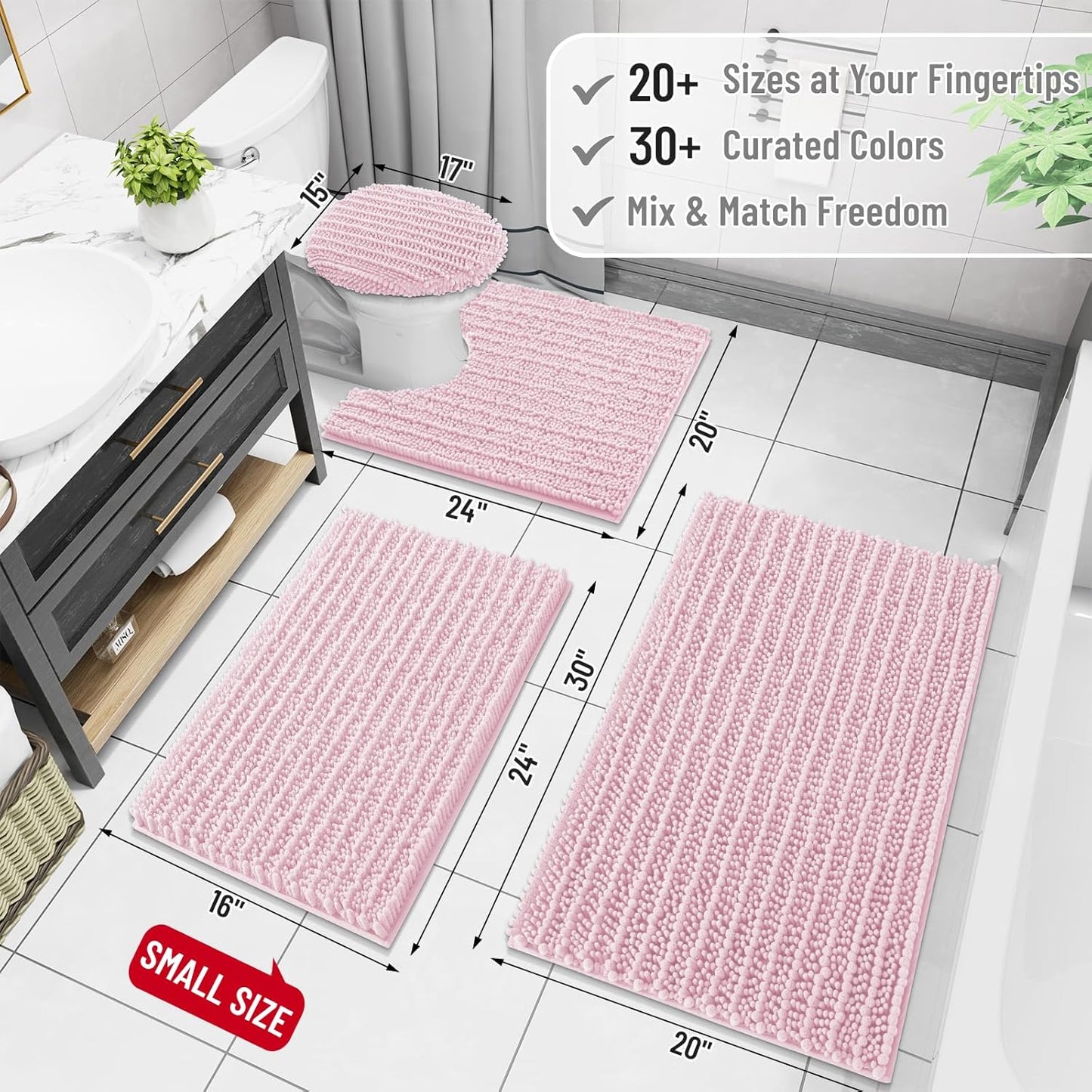 Arotive Luxury Chenille Bathroom Rug Mat, Extra Soft Thick Absorbent Shaggy Bath Rugs, Non-Slip Machine Wash Dry, Plush Bath Mats for Bathroom, Shower and Tub, 59x35, Pink