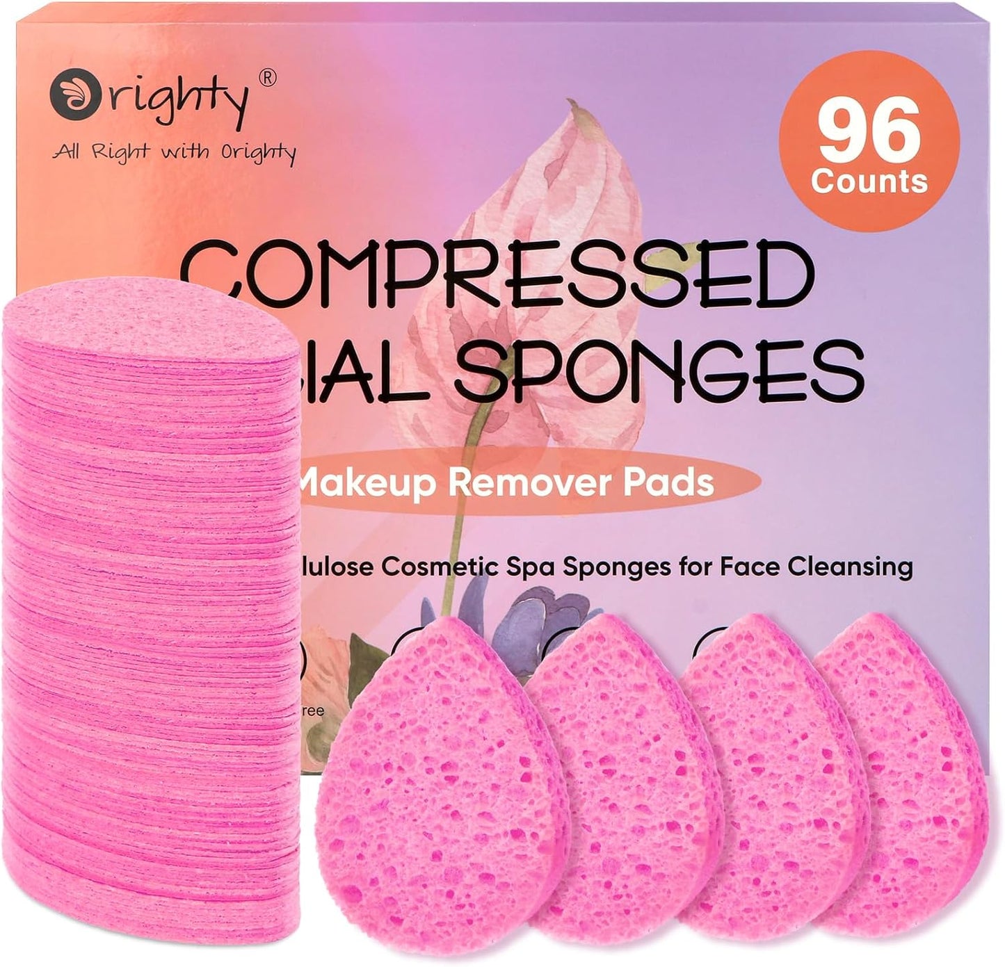ORIGHTY 96 Count Facial Sponges for Cleansing, 100% Natural Cellulose Facial Sponges for Washing face, Compressed Cosmetic Spa Face Sponge for Exfoliating Mask, Makeup Removal, Pink