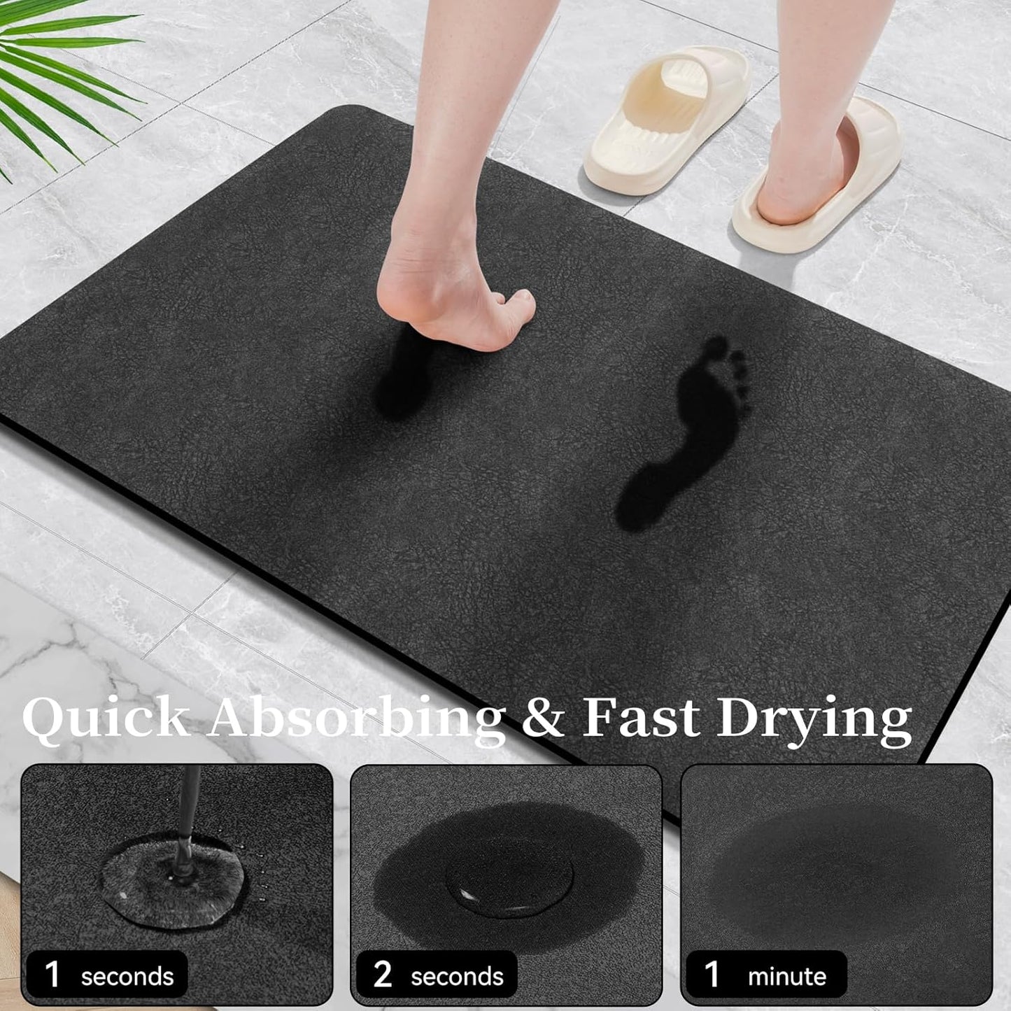 Diatomaceous Earth Bath Mat - 24x17, Quick Dry Absorbing Rubber Non Slip Thin Bathroom Rug, Fit Under Door, For Bathroom Floor, Tub, Shower, Sink, Dark Grey