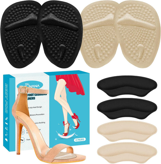 Ball of Foot Cushions, Metatarsal Pads Women, Non Slip Heel Pads for Women Shoes Too Big (4 Pairs), Shoe Cushions Heel Grips Liner Prevent Blisters & Slipping (Beige+Black)