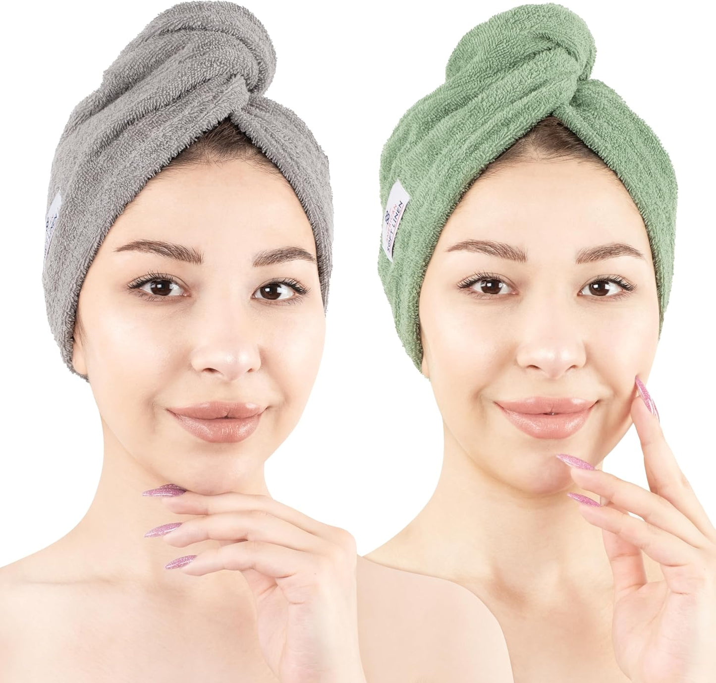 American Soft Linen 100% Cotton Hair Towels for Women, Head Towel Cap, Cotton Hair Turban Towel Wrap for Hair, Soft and Absorbent Cotton Hair Towels 2 Pack, Sage Green-Light Gray