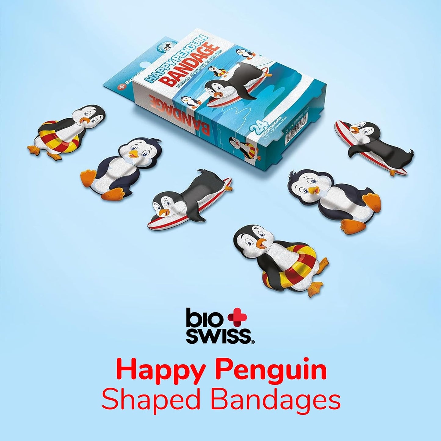 BioSwiss Kids Bandages, Penguin Shaped Self Adhesive Bandage Set, Latex Free, Sterile Wound Care, 24 Count