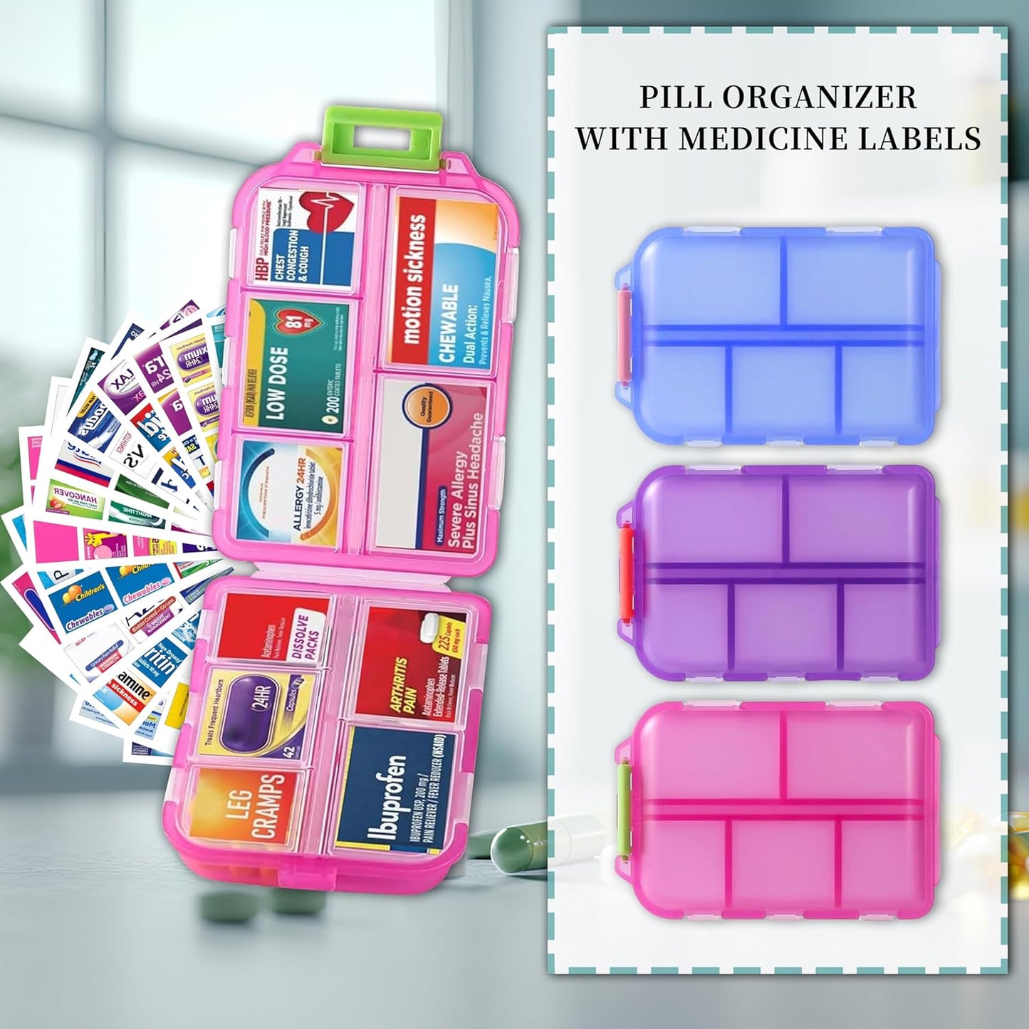 Pill Organizer with Medicine Labels, Travel Daily Pill Container, Mini Medication Organizer, 7-Day Pill Case, Set of 3 (Blue+Pink+Purple)