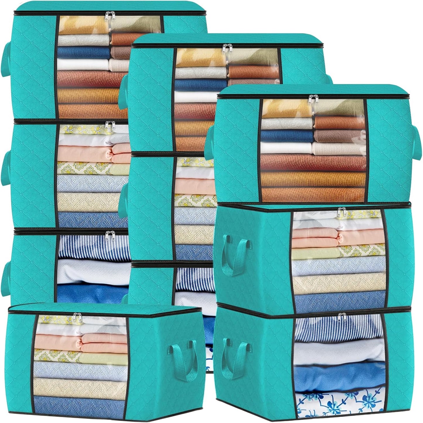 Fab totes 24 Gallons Clothes Storage, Foldable Thick Fabric Blanket Storage Bags, Containers for Organizing Bedroom, Closet, Clothing, Comforter, Organization with Handle (10 Pack,Green)