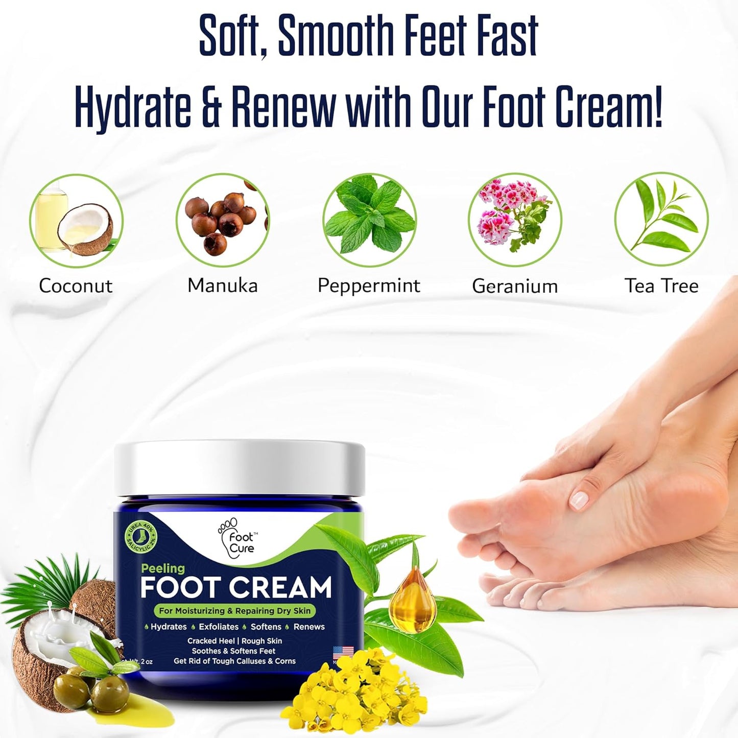 Tea Tree Oil Foot Cream - Moisturizing Athletes Foot Care For Dry Cracked Feet Cream - Heel & Callus Removal, Toenail Treatment, Ringworm Itchiness Relief - Made in USA Foot Cream, 2 Ounce Pack of 1
