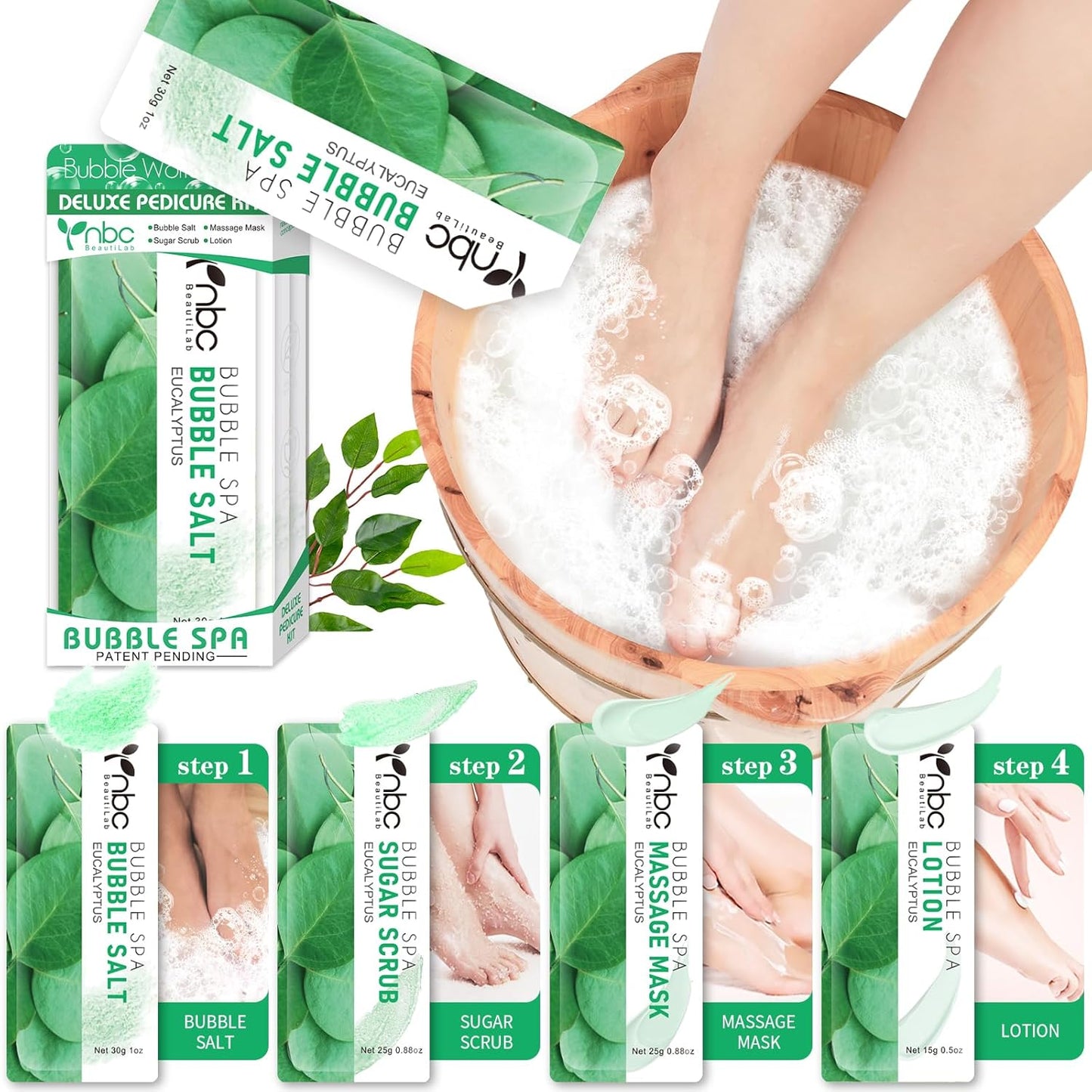 Pedicure Kit Foot Soak Set: Bubble Salt, Sugar Scrub, Massage Mask, Massage Lotion in a Box, 4 Step Foot Spa Kit for Dry Feet,Tired Feet (1 Set Eucalyptus)