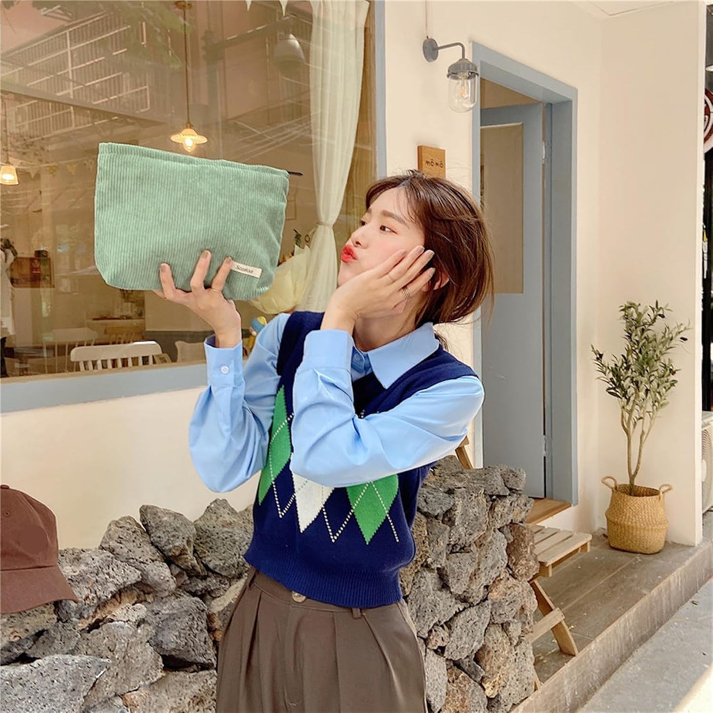 Cosmetic Bags for Women - Corduroy Cosmetic Bag Aesthetic Women Handbags Purses Smile Dots Makeup Organizer Storage Makeup Bag Girls Case Bags (Pure Green)