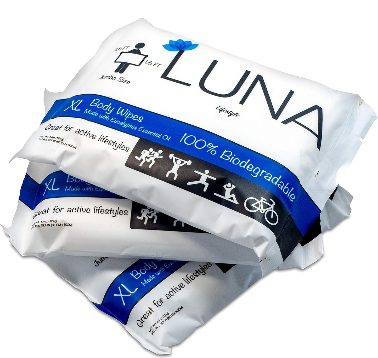 XL Wet Wipe Cleansing Body Wipes All Natural - 3 Pack Individual Pouches - Gentle & Unscented - No Rinse Bathing and Shower Wipe - Great for After Workout, Camping, Travel, Yoga, Gym