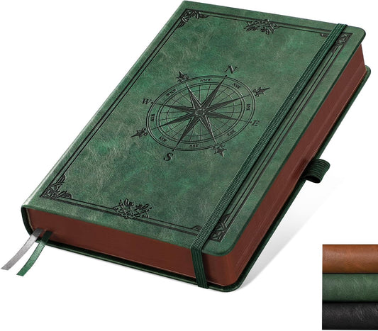 AHGXG Thick Journal Blank Notebook for Men - 320 Numbered Pages A5 Notebook for Writing, 100gsm Plain Paper, Vintage Leather Hardcover, for Women Work Office School, 5.75'' X 8.38''- Dark Green