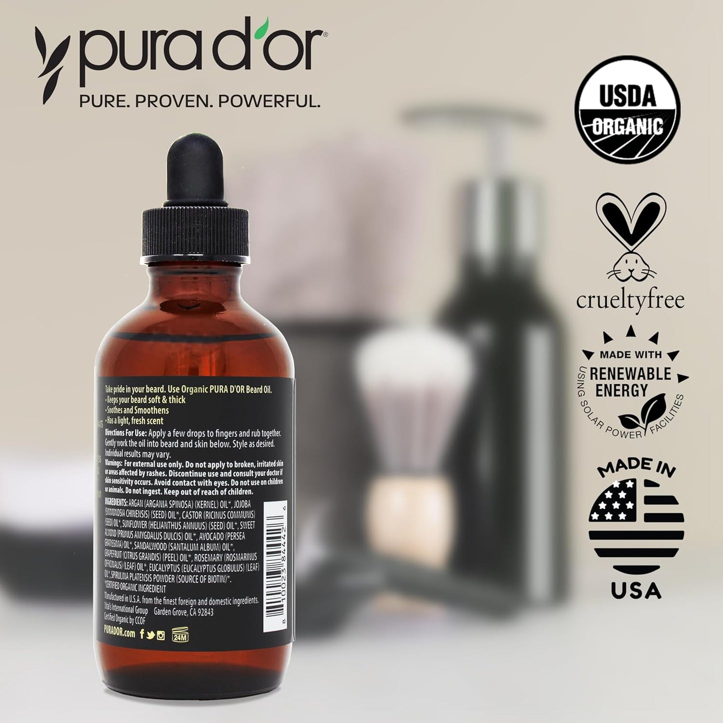 PURA D'OR 4 Oz Thickening Beard Oil – Moisturizing Blend with Rosemary, Biotin & Castor Oil – Increases Moisture, Thickness and Shine - Reduces Dryness and Breakage