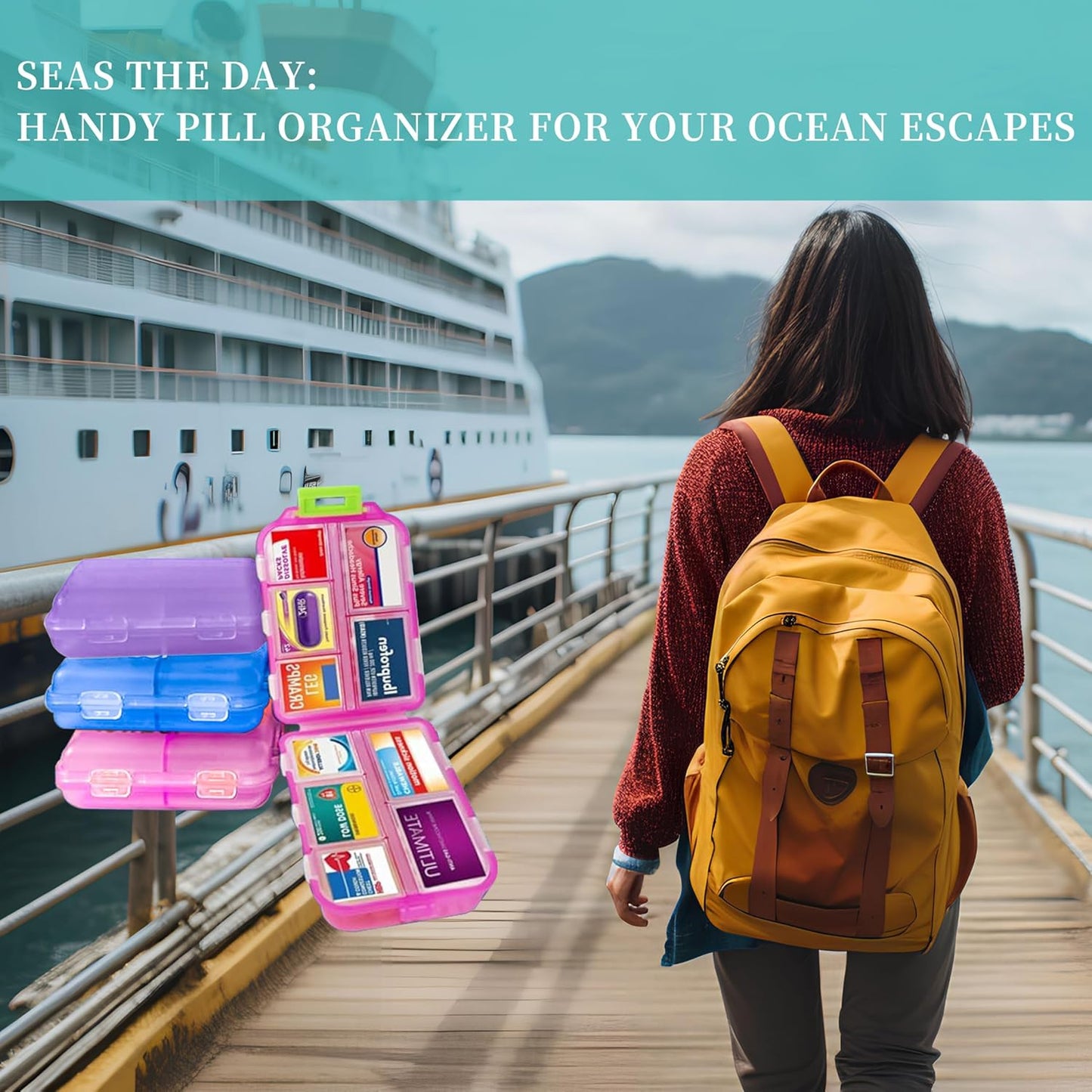 Large Pill Organizer with Medicine Labels, Travel Daily Pill Container, Mini Medication Organizer, 7-Day Pill Case, Set of 3 (Blue+Pink+Purple)