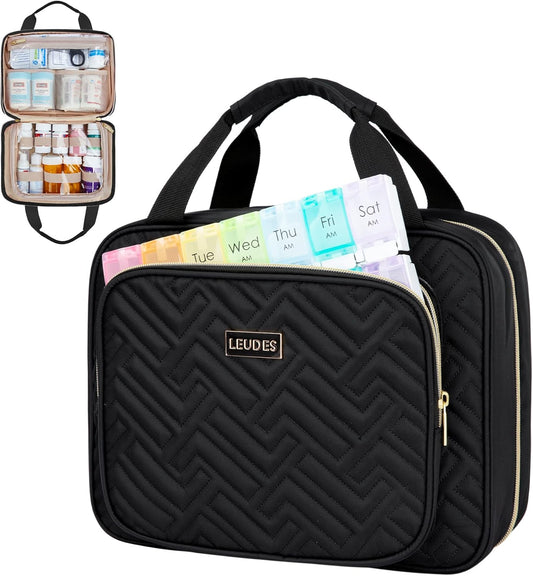 Leudes Travel Pill Bottle Organizer,Medicine Organizer and Storage,Home Medication Bag, Cases,Carrier for Pills,Vitamin,Fish Oil,Supplements for Women and Men (Medium, Black)