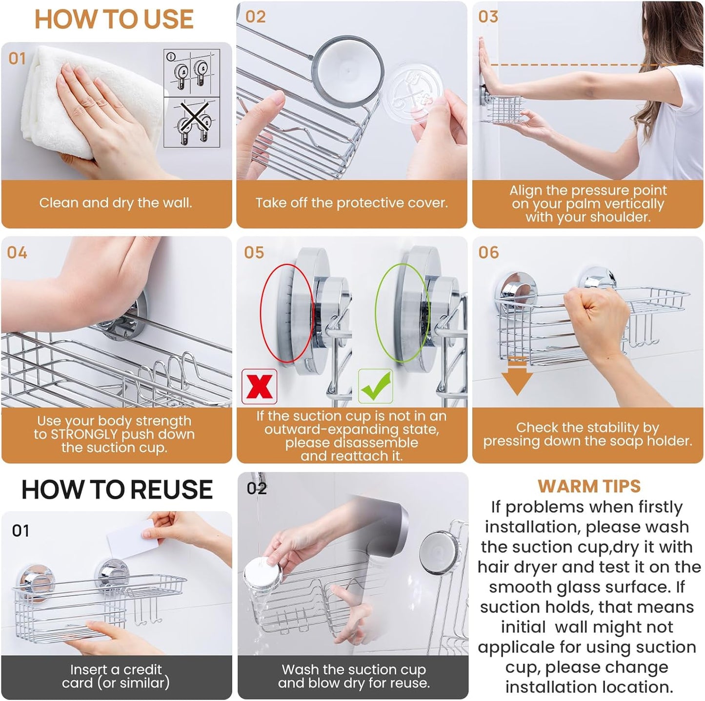 LEVERLOC Shower Caddy Suction Cup, Shelves for Inside with Hooks & Soap Holder Toothbrush Holder, NO-Drilling Bathroom Organizer, Rustproof Holder Storage, Silver