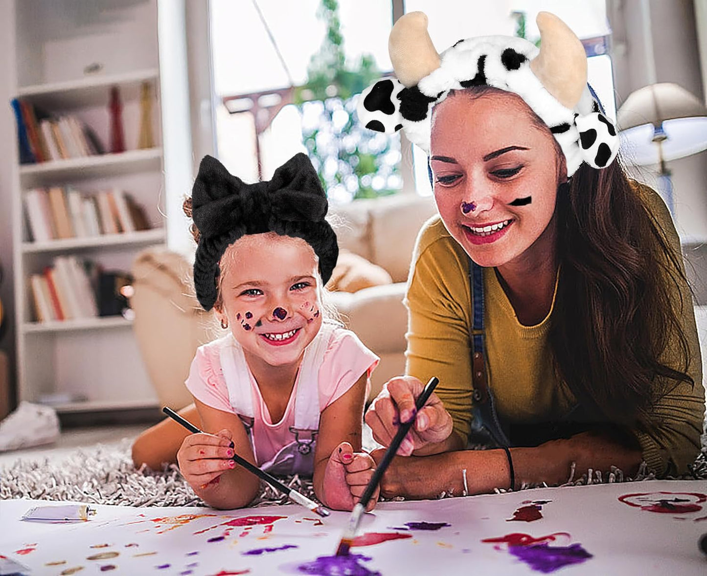 Women's Cow Print Spa Headband and Wristband Set for Washing Face (Cow print &Black)