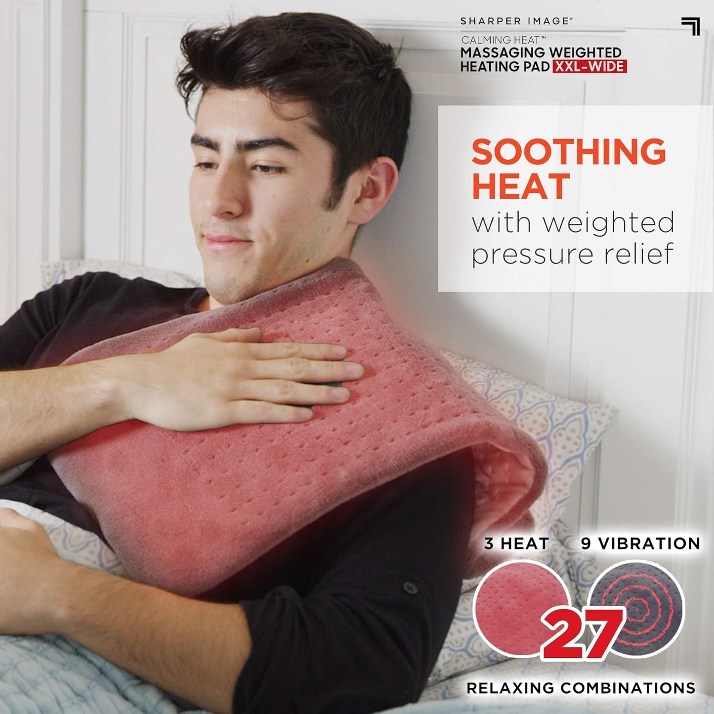 Calming Heat XXL-Wide Massaging Weighted Heating Pad by Sharper Image- Electric Heating Pad with Massaging Vibrations, Auto-Off, 12 Settings- 3 Heat, 9 Massage- 27 Relaxing Combos, 20” x 24”, 5 lbs