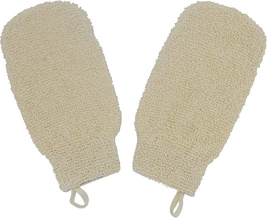 Natural Ramie Dual Sided Exfoliating Glove Hand Mitt Mitten Shaped Back and Body Shower Bath Scrubber White, Remove Dead Skin Machine Washable, Pack of 2