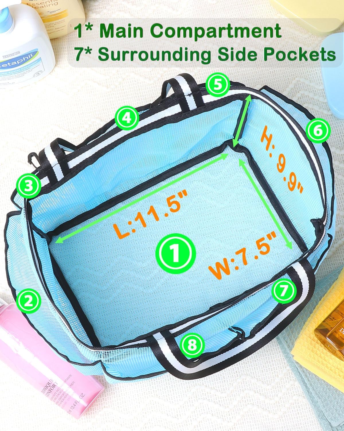 XL Mesh Shower Caddy Portable Shower Bag for College Dorm Camping Travel Gym(Lake Blue)