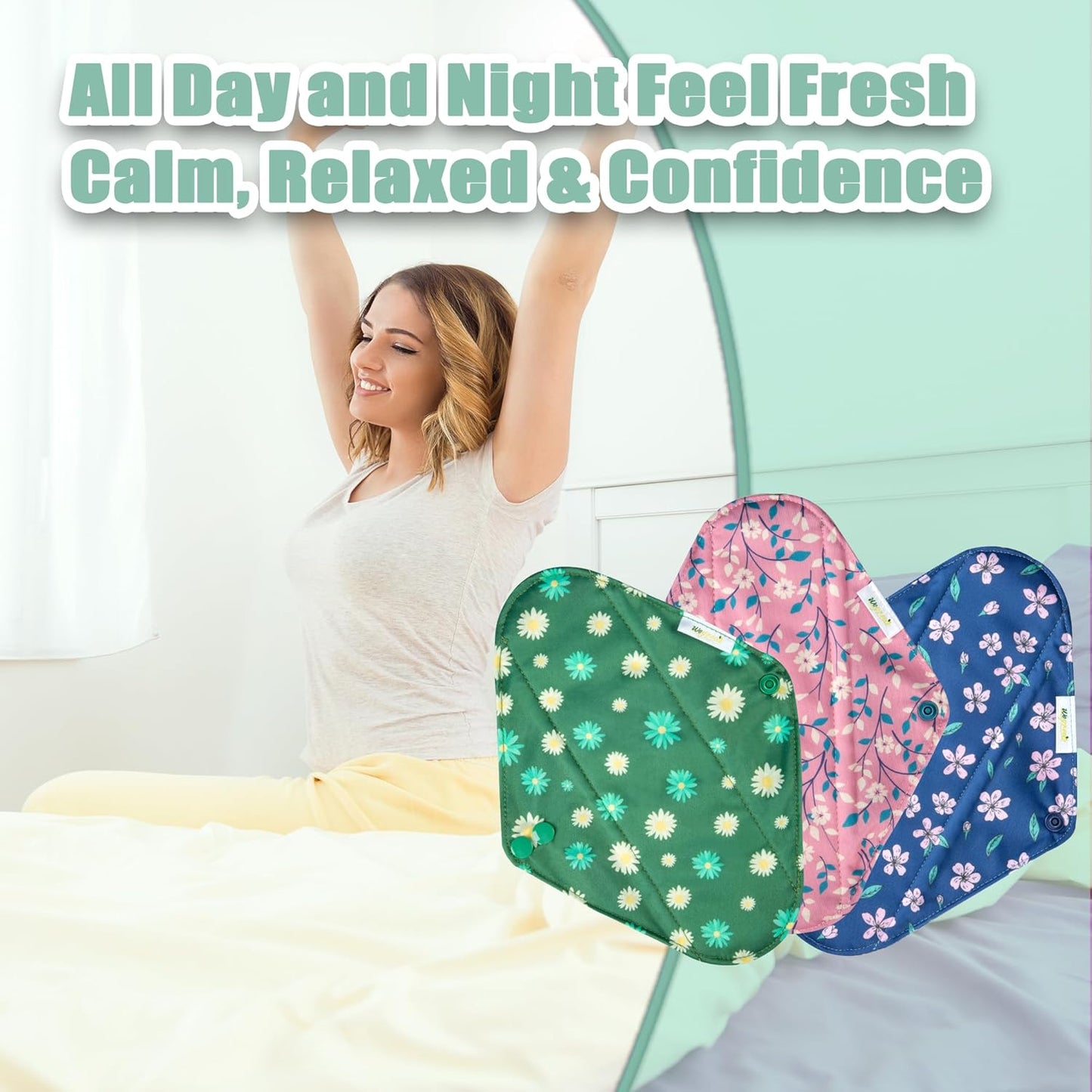 Wegreeco Cloth Menstrual Pads - Soft Washable Pads for Women - Reusable Panty Liners for Women - 6 Pack with 1 Cloth Mini Wet Bag (Large, Chrysanthemums)