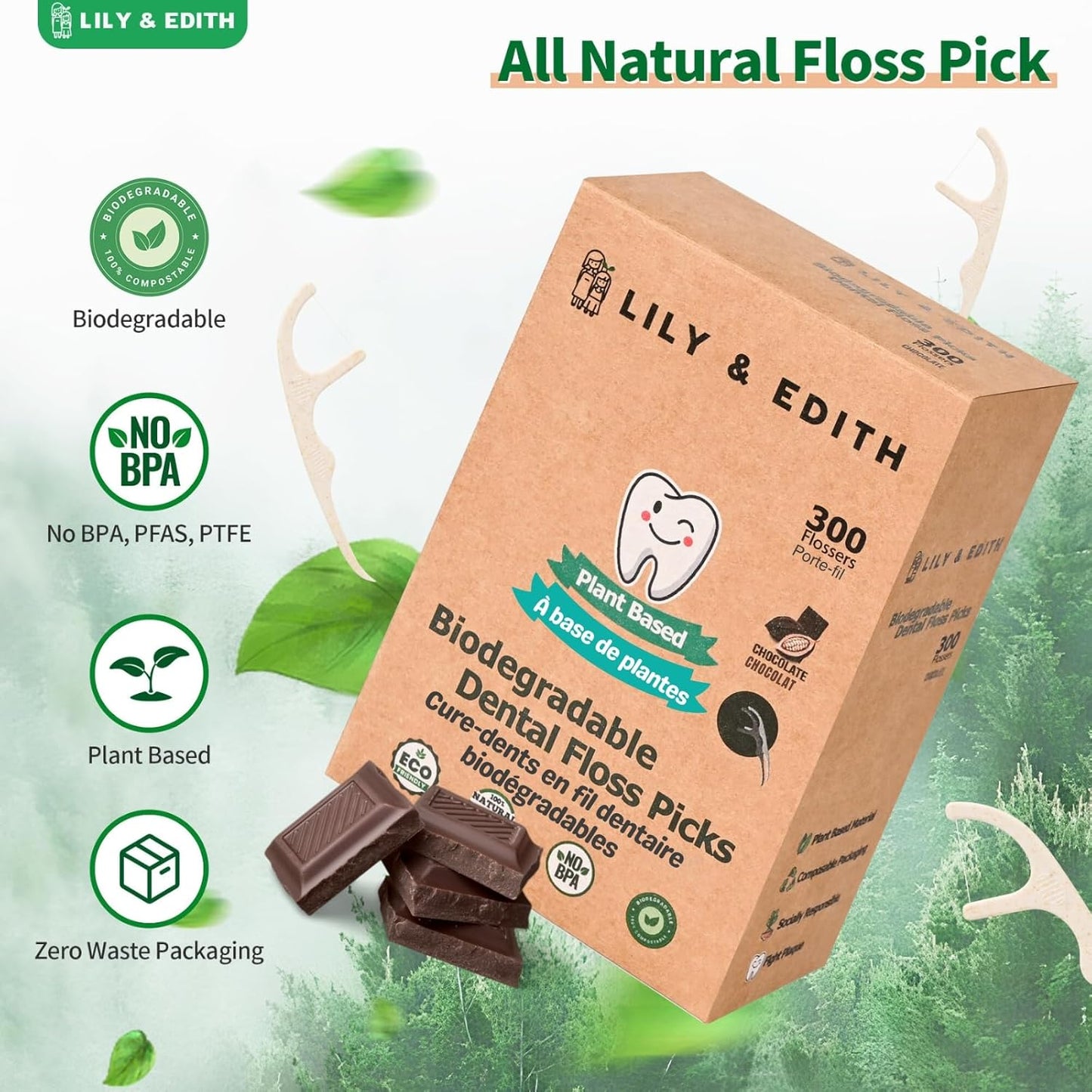 LILY & EDITH Biodegradable Dental Floss Picks Adults and Kids 300 Counts, Fluoride-Free, Plant Based Straw Wheat Material, Planet Protector, Zero Waste Package, Shred Resistant (Chocolate)