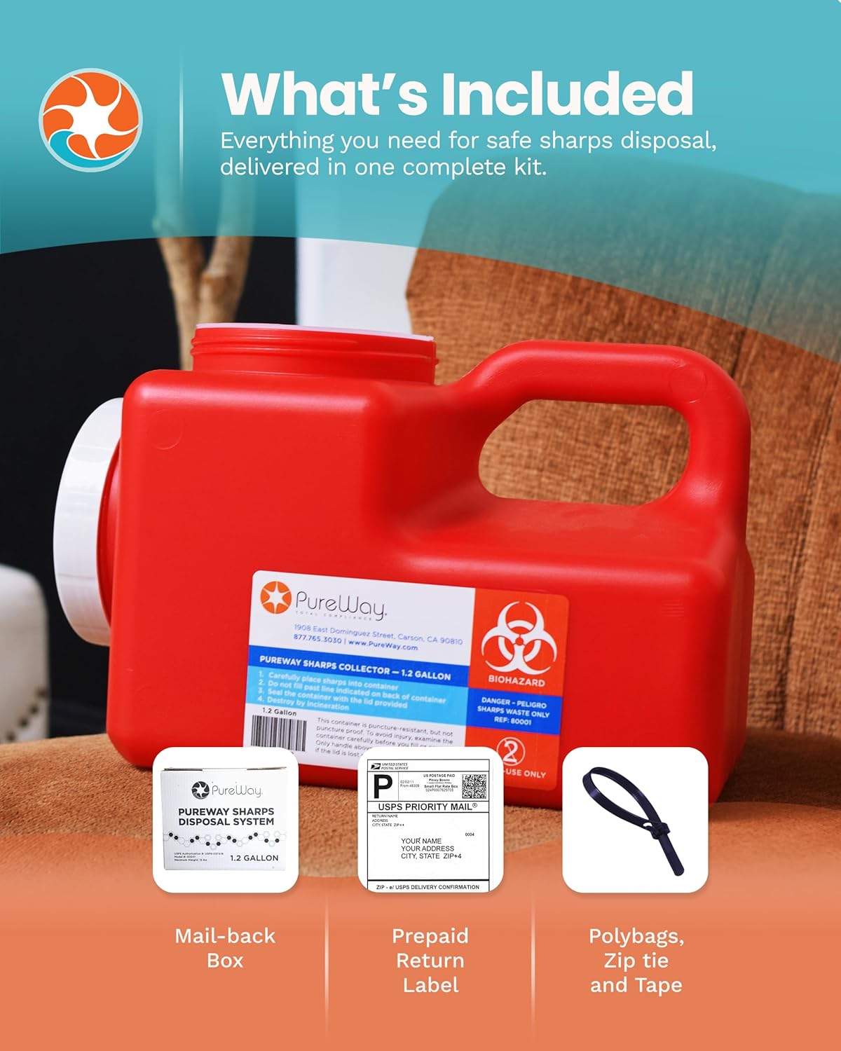 1.2 Gallon MailBack Sharps Disposal Container – Secure Needle Box for Safe Medical Waste & Used Syringe Disposal | Sharps Container for Home Use, Travel, Clinics, and Professional Settings