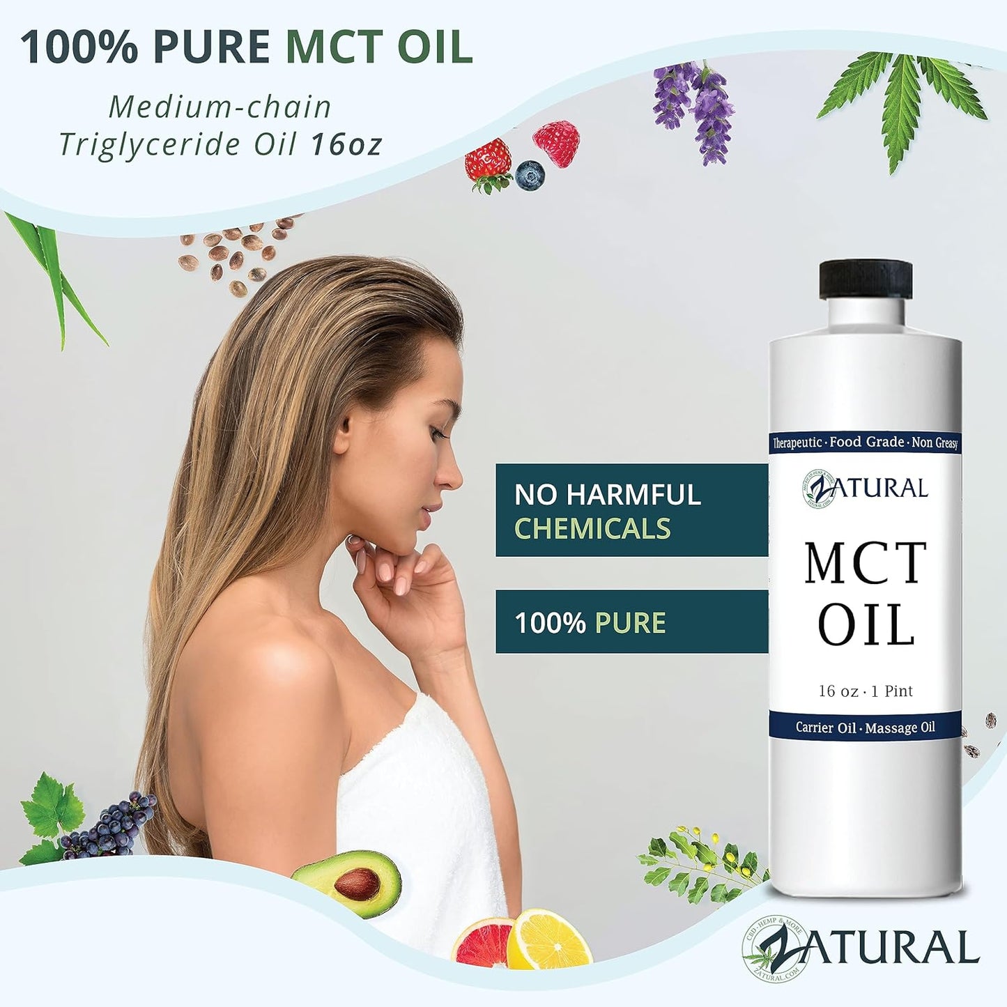 Pure MCT Oil, Carrier Oil, Massage Oil, Hydrating Oil, Hair Oil, Food and Therapeutic Grade, 16 Oz