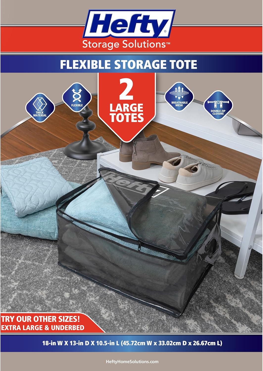 Hefty Large Flexible Tote with Breathable Mesh, Double Zipper, 2 Handles – Ideal for Moving or Clothes & Apparel Storage, Alternative to Plastic Bin, Organizer or Container – 2 Pack