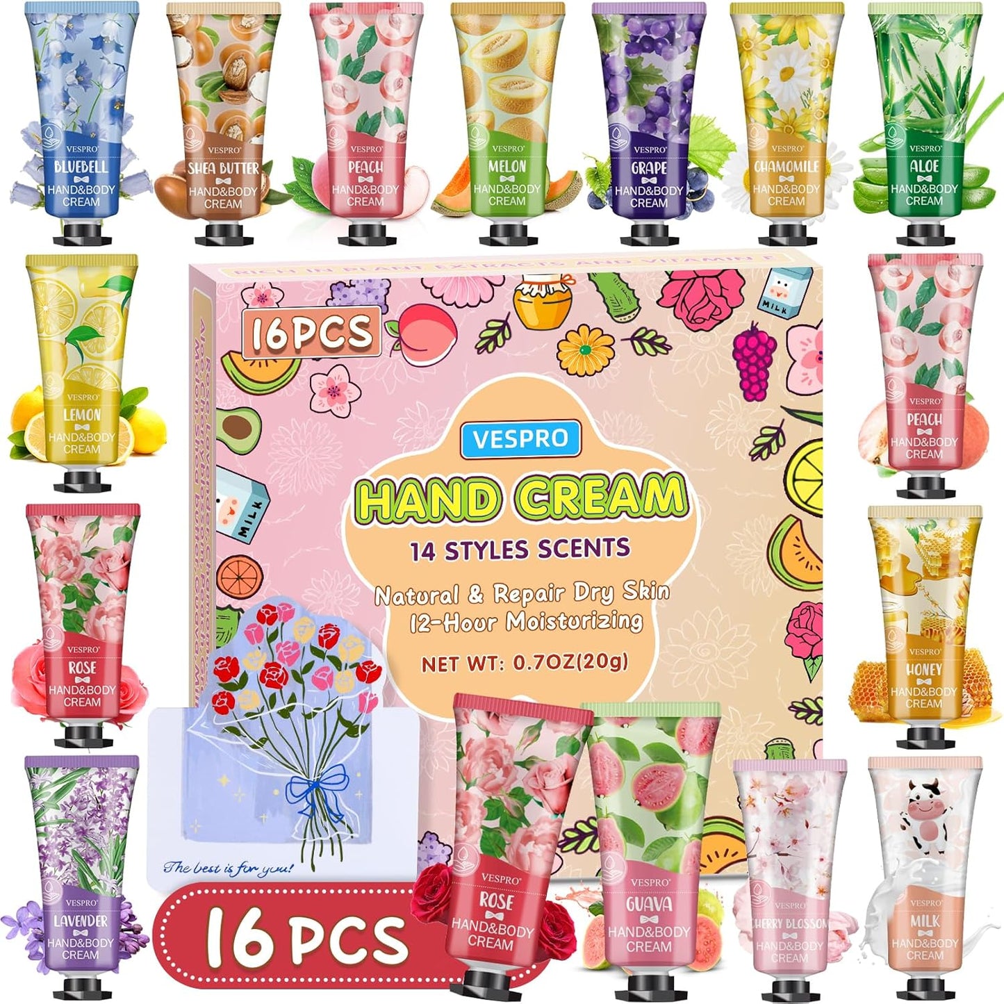 16 Pack Hand Cream Set, Stocking Stuffers for Women, Bridesmaid Gifts, Bulk Hand Lotion Travel Size for Dry Cracked Hands, Mini Hand Lotion for Thank You Gifts and Christmas Gifts with a Greeting Card
