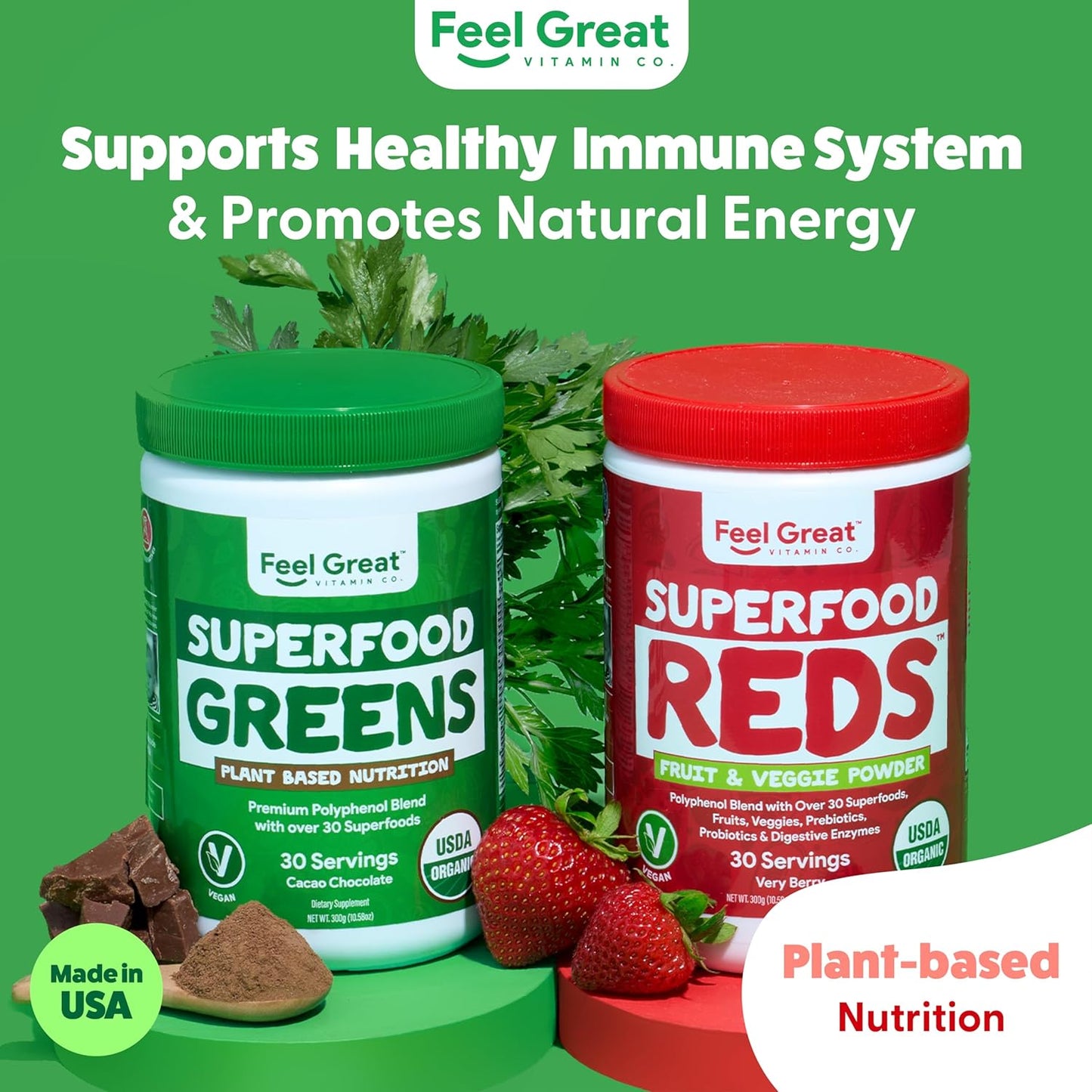 Feel Great USDA Organic Reds & Super Greens Powder Combo (2-Pack) | Over 35+ Greens, Fruits & Veggies, Fiber, Probiotics & Digestive Enzymes | 30 Servings