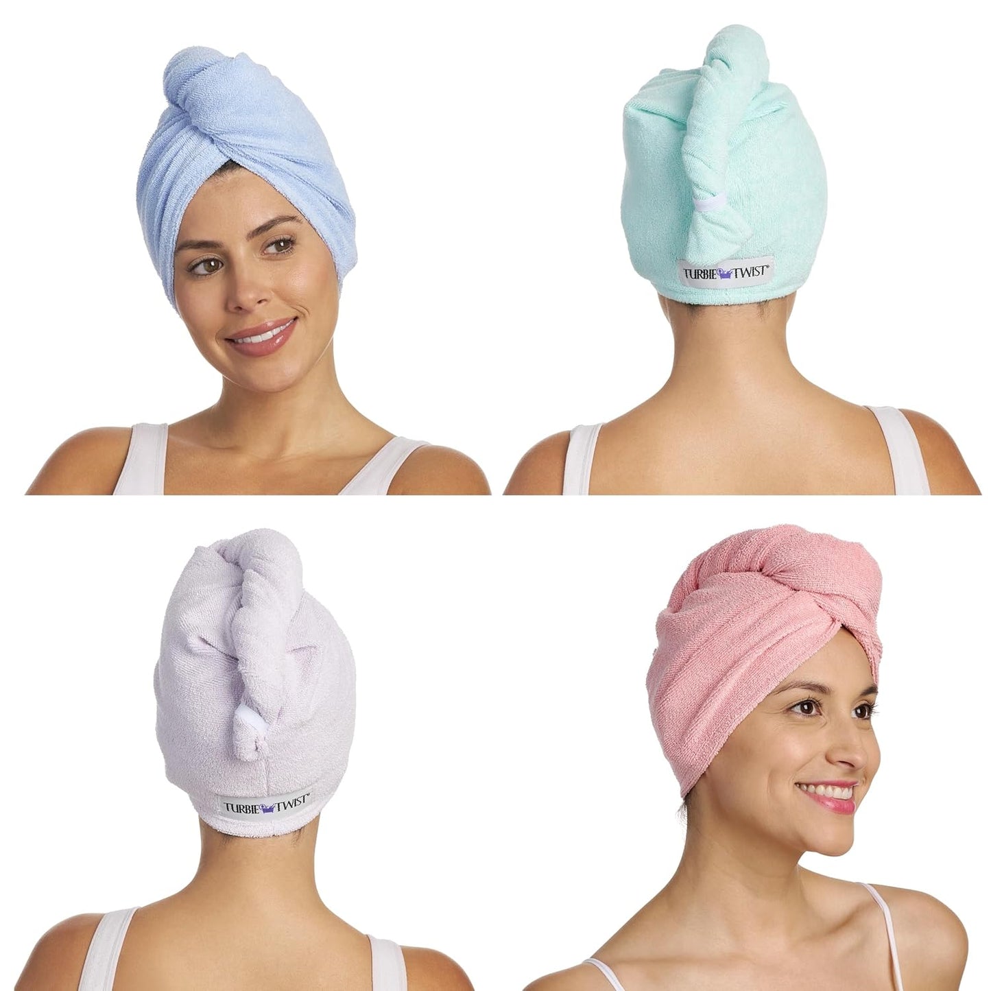 Turbie Twist 4-Pack Microfiber Hair Towel for Beauty, Travel, Gifting - Hair Wrap Turban for Straight, Wavy & Curly Hair - Premium Personal Care - Pink, Purple, Blue & Aqua
