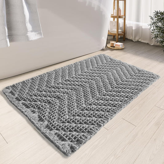 Upgraded Bath Mat, Non Slip, Machine Washable - Super Absorbent Waffle Weave, Rubber Backed, Ultra Soft - Gray, 17" x 24"