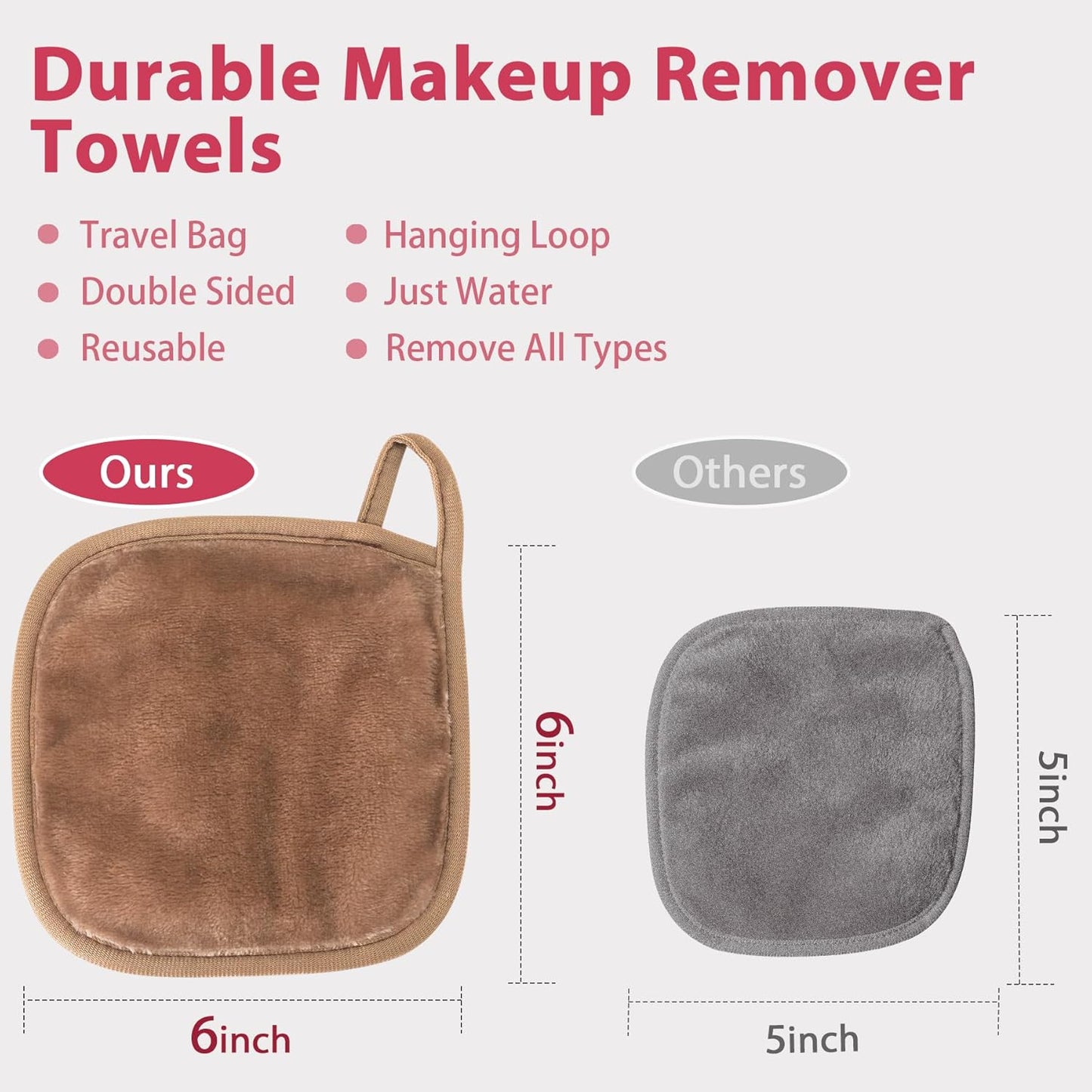 Makeup Remover Cloth, 6" x 6" Make Up Towels Reusable Face Cloth for Washing Face, Makeup Remover Pads Microfiber Face Washcloth with Mesh Bag, Just Water, 12 Pack, Light Brown