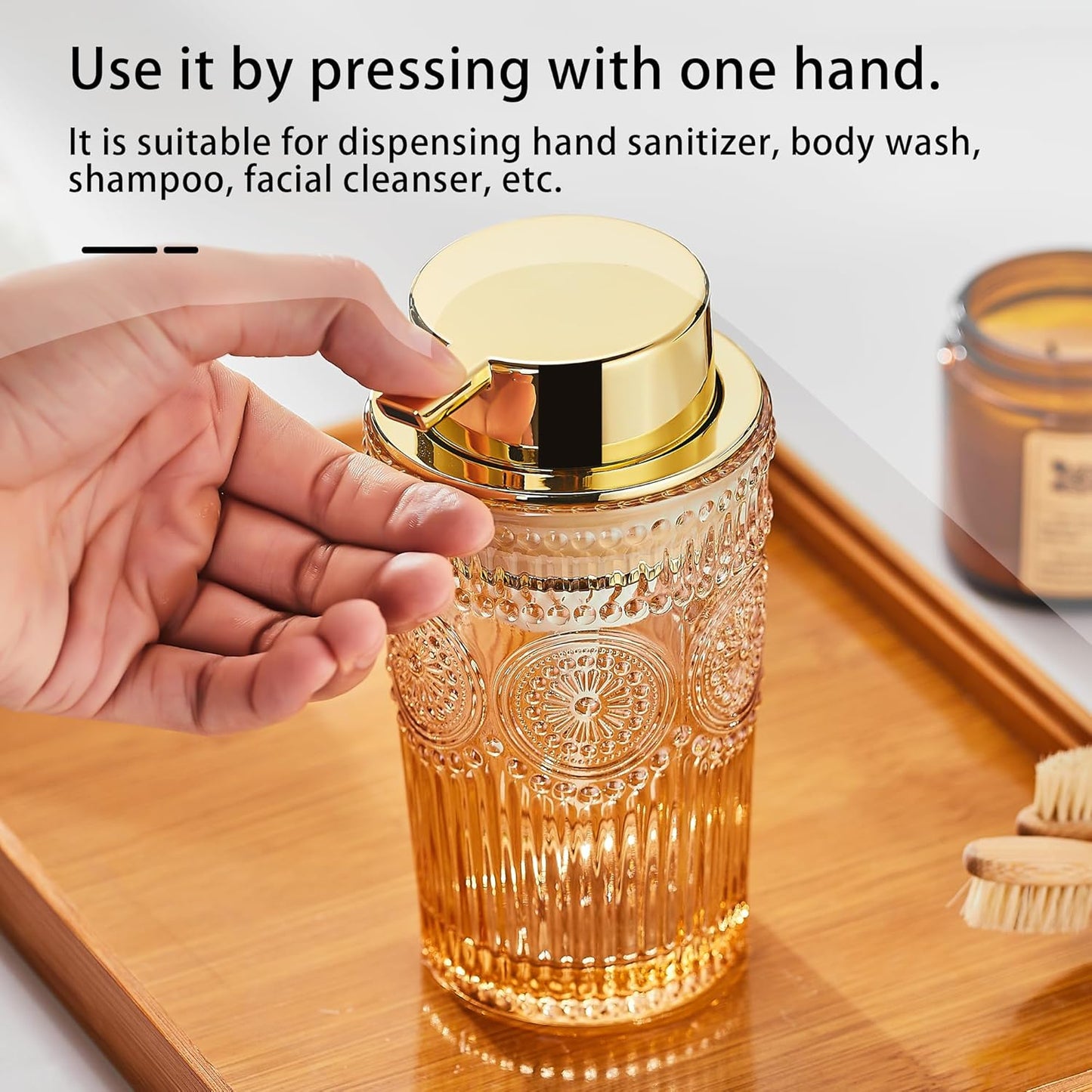Foaming Hand Soap Dispenser, Glass Foam Toothbrush Holder, Refillable Liquid Lotion Dispenser (S-Gold-Lotion)